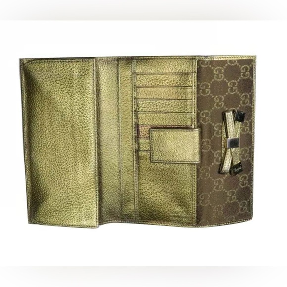 Gucci Princy Long Trifold Flap Wallet Gold Metallic and Brown GG Monogram Bow - Picture 5 of 17